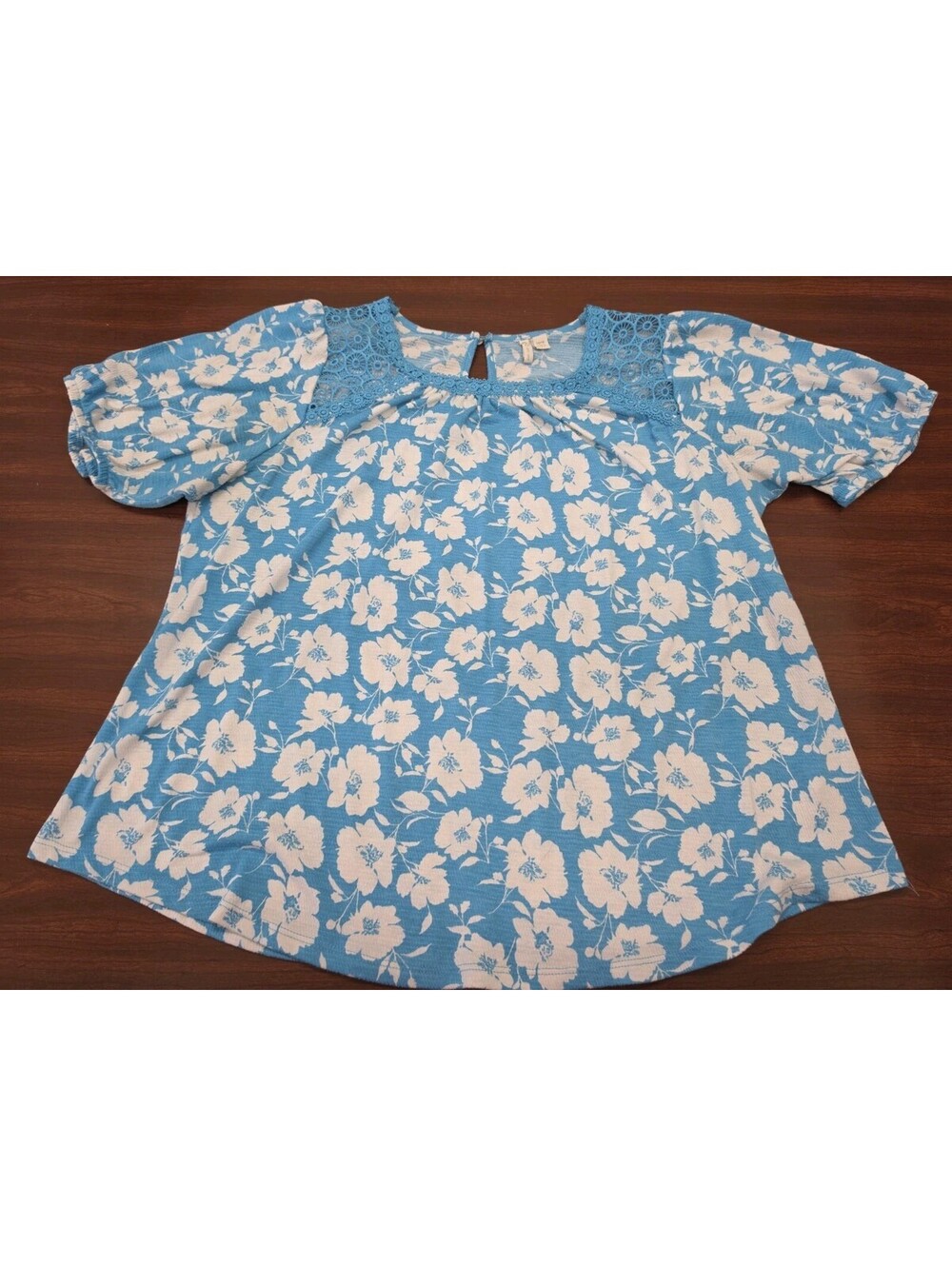 Womens 14/16 Blue White Floral Crochet Lace Blouse Boho Cottagecore Top Cato